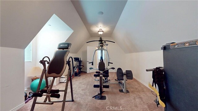 919 Venus Way, Crestline, CA 92325 - exercise room featuring light carpet, vaulted ceiling, and baseboards