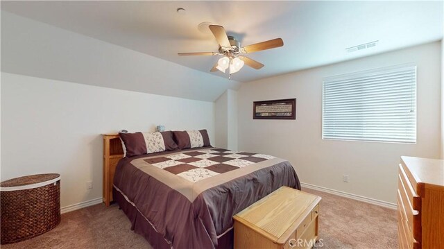 919 Venus Way, Crestline, CA 92325 - bedroom with ceiling fan, lofted ceiling, light carpet, visible vents, and baseboards