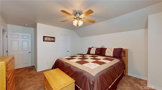 919 Venus Way, Crestline, CA 92325 - bedroom featuring ceiling fan, baseboards, vaulted ceiling, and light colored carpet