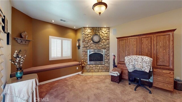 919 Venus Way, Crestline, CA 92325 - sitting room with carpet, visible vents, a stone fireplace, and recessed lighting