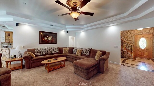919 Venus Way, Crestline, CA 92325 - living room featuring a ceiling fan, a raised ceiling, visible vents, and baseboards