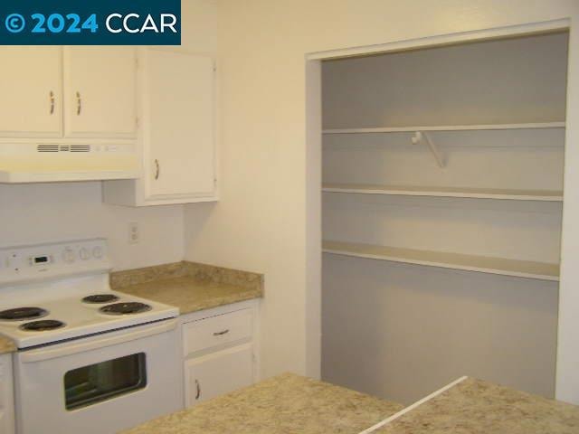 kitchen featuring electric stove and white cabinets