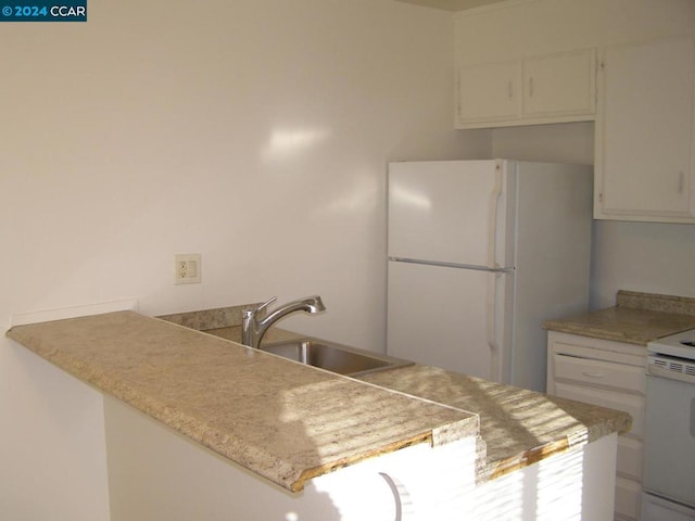 kitchen featuring white refrigerator, range, white cabinets, sink, and kitchen peninsula