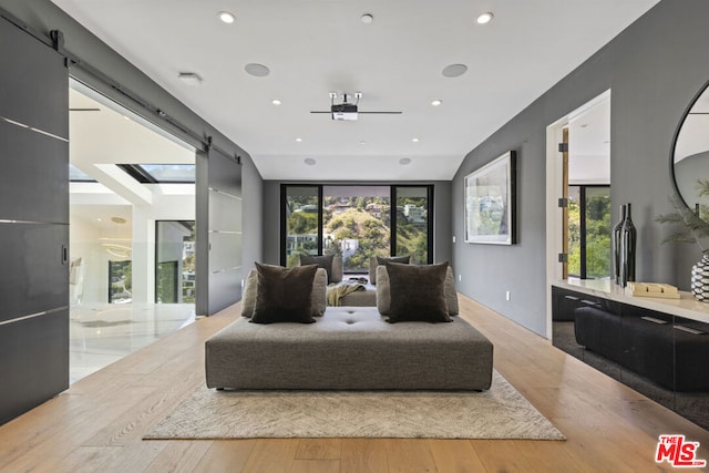 cinema featuring ceiling fan, a barn door, light hardwood / wood-style flooring, and a wealth of natural light