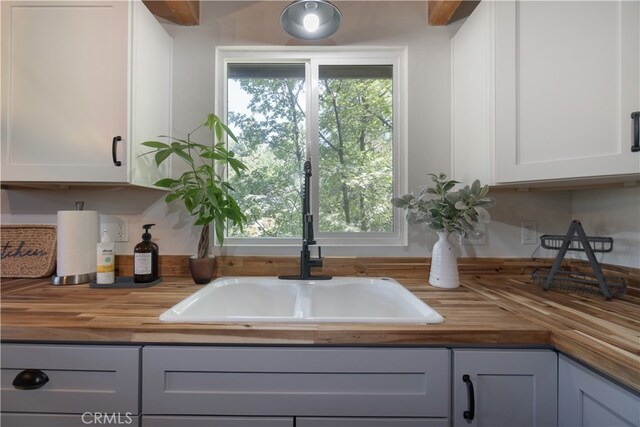 1154 Yukon Dr, Lake Arrowhead, CA 92352 - kitchen featuring butcher block counters, a sink, and white cabinets