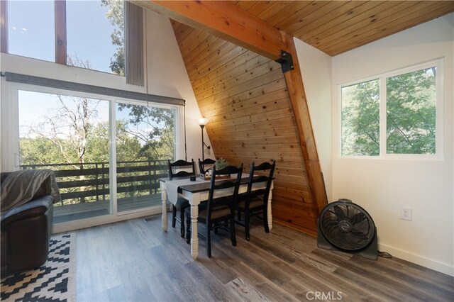 1154 Yukon Dr, Lake Arrowhead, CA 92352 - dining space with vaulted ceiling, wood finished floors, wood ceiling, and wood walls