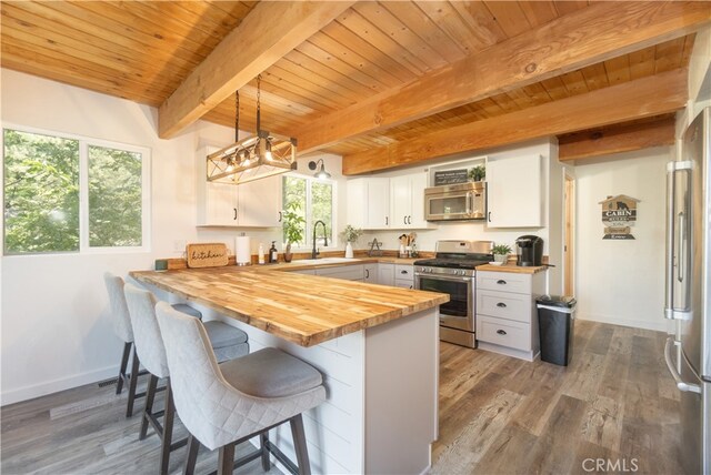 1154 Yukon Dr, Lake Arrowhead, CA 92352 - kitchen featuring appliances with stainless steel finishes, wooden counters, a sink, wood ceiling with exposed beams, and a peninsula
