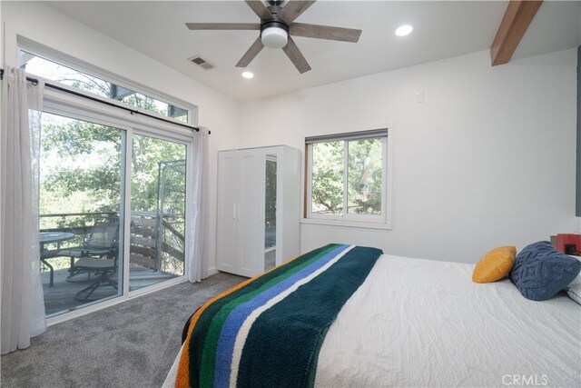 1154 Yukon Dr, Lake Arrowhead, CA 92352 - carpeted bedroom with access to outside, multiple windows, recessed lighting, and a ceiling fan