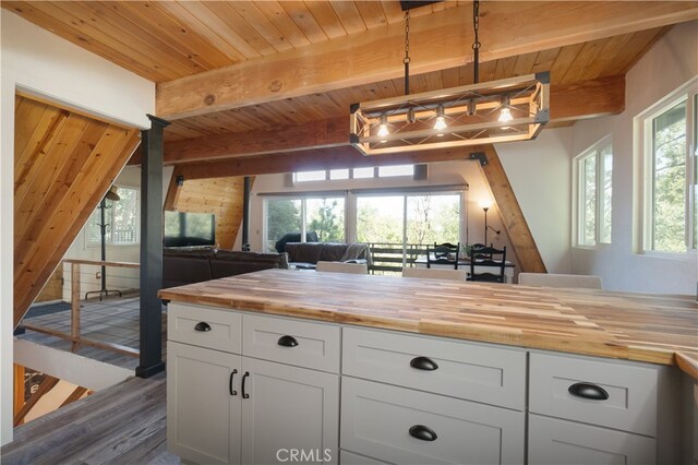 1154 Yukon Dr, Lake Arrowhead, CA 92352 - kitchen featuring butcher block counters, open floor plan, wood ceiling with exposed beams, white cabinets, and dark wood-type flooring