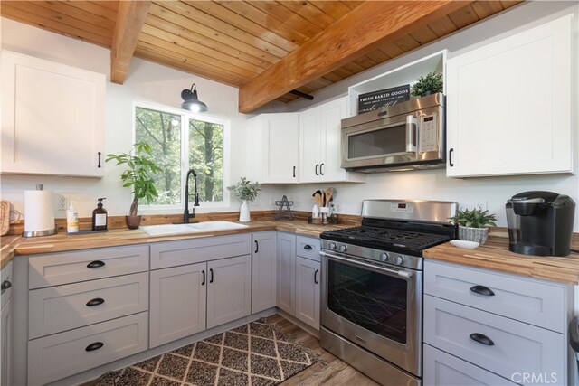 1154 Yukon Dr, Lake Arrowhead, CA 92352 - kitchen with appliances with stainless steel finishes, butcher block countertops, a sink, wooden ceiling with exposed beams, and wood finished floors
