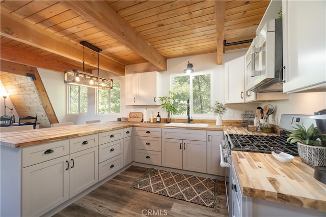 1154 Yukon Dr, Lake Arrowhead, CA 92352 - kitchen with butcher block countertops, stainless steel appliances, a peninsula, a sink, and plenty of natural light