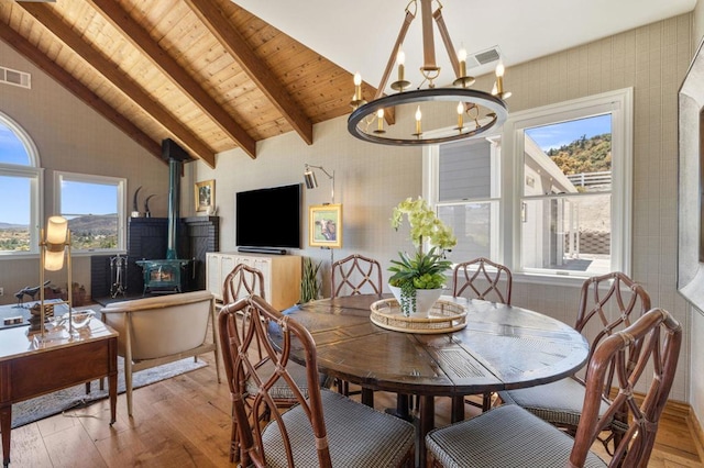 dining area with light hardwood / wood-style floors, plenty of natural light, a wood stove, and a notable chandelier