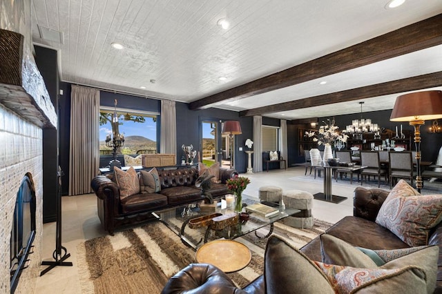 tiled living room with beamed ceiling and a chandelier