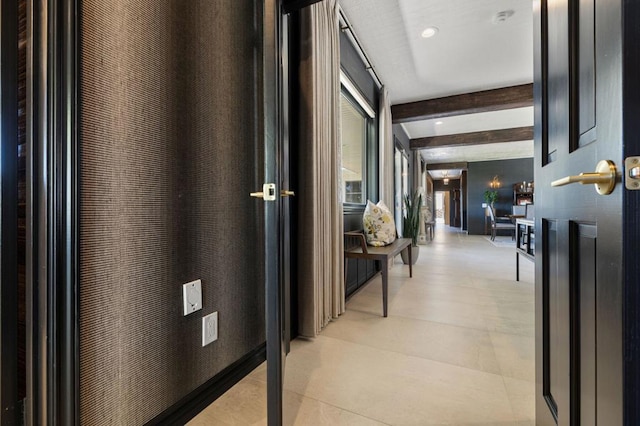 hallway with beam ceiling