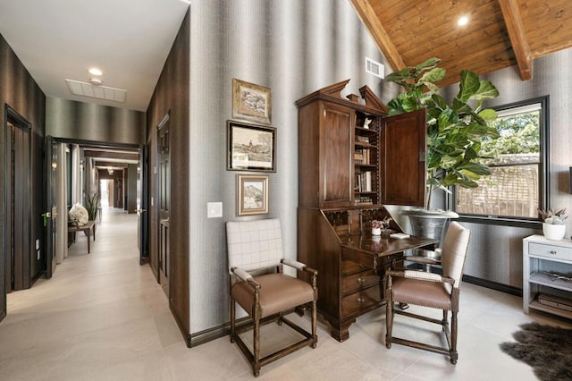 interior space with wood ceiling, lofted ceiling, and light tile patterned flooring