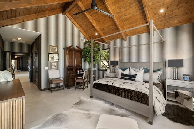 bedroom featuring wood ceiling, beam ceiling, ceiling fan, and high vaulted ceiling