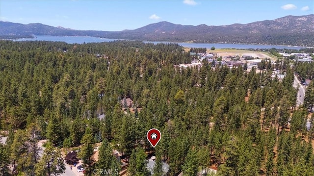 drone / aerial view featuring a water and mountain view