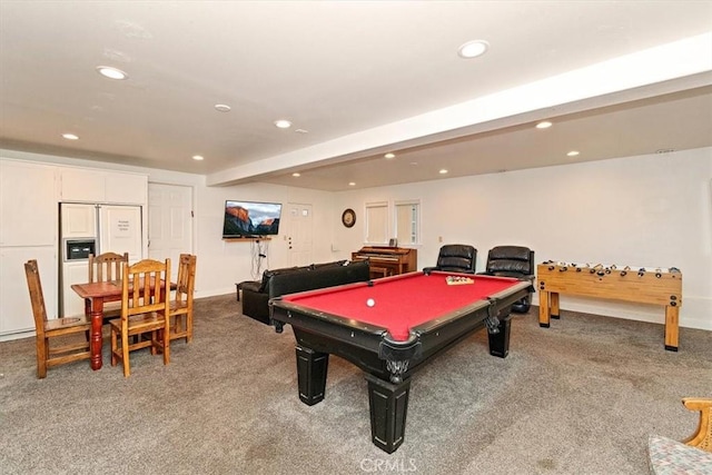 recreation room with beam ceiling, pool table, and carpet