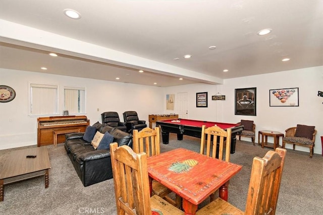 dining space with billiards, beam ceiling, and carpet