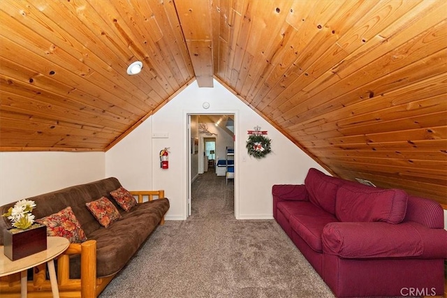 living room with wood ceiling, lofted ceiling with beams, and carpet flooring