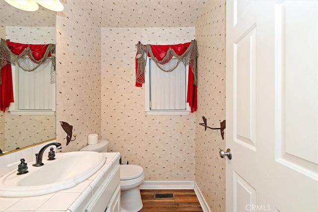 bathroom with hardwood / wood-style flooring, vanity, and toilet