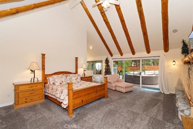 bedroom with dark colored carpet, high vaulted ceiling, access to outside, and beam ceiling