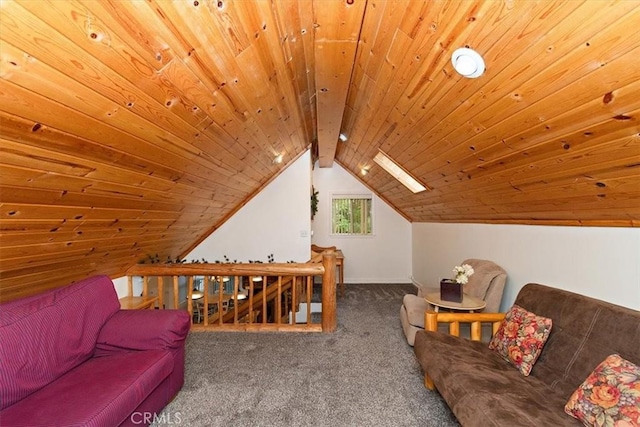 living room with carpet flooring, vaulted ceiling with beams, and wooden ceiling