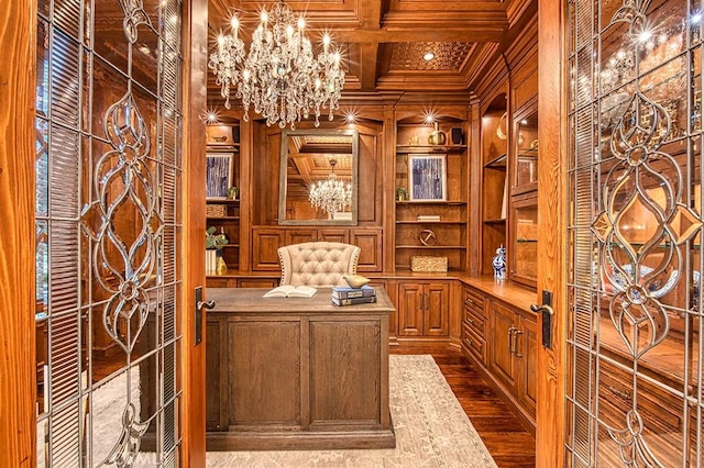 wine area featuring built in features, wood walls, beamed ceiling, wood finished floors, and coffered ceiling