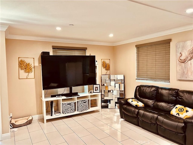 tiled living room featuring crown molding