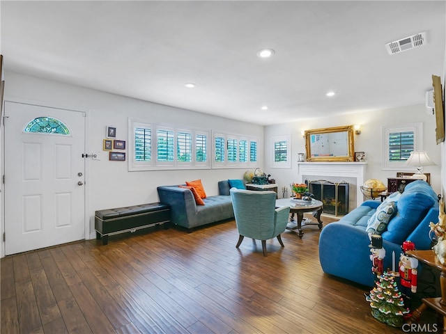 living room with dark wood-type flooring