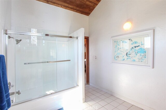 bathroom featuring bath / shower combo with glass door, tile patterned floors, baseboards, wood ceiling, and lofted ceiling
