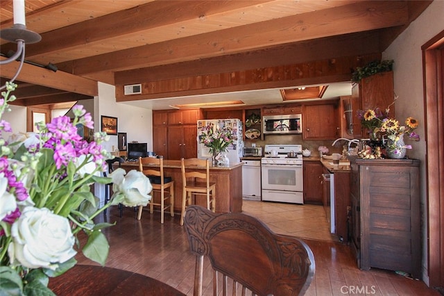 kitchen featuring beamed ceiling, kitchen peninsula, white appliances, backsplash, and light wood-type flooring