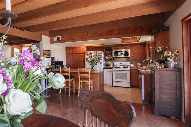 kitchen featuring brown cabinets, beam ceiling, tasteful backsplash, visible vents, and white appliances