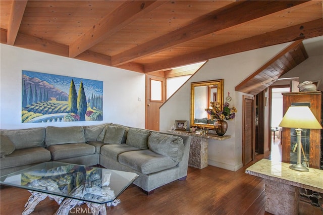 living room featuring beam ceiling, wooden ceiling, wood-type flooring, and baseboards