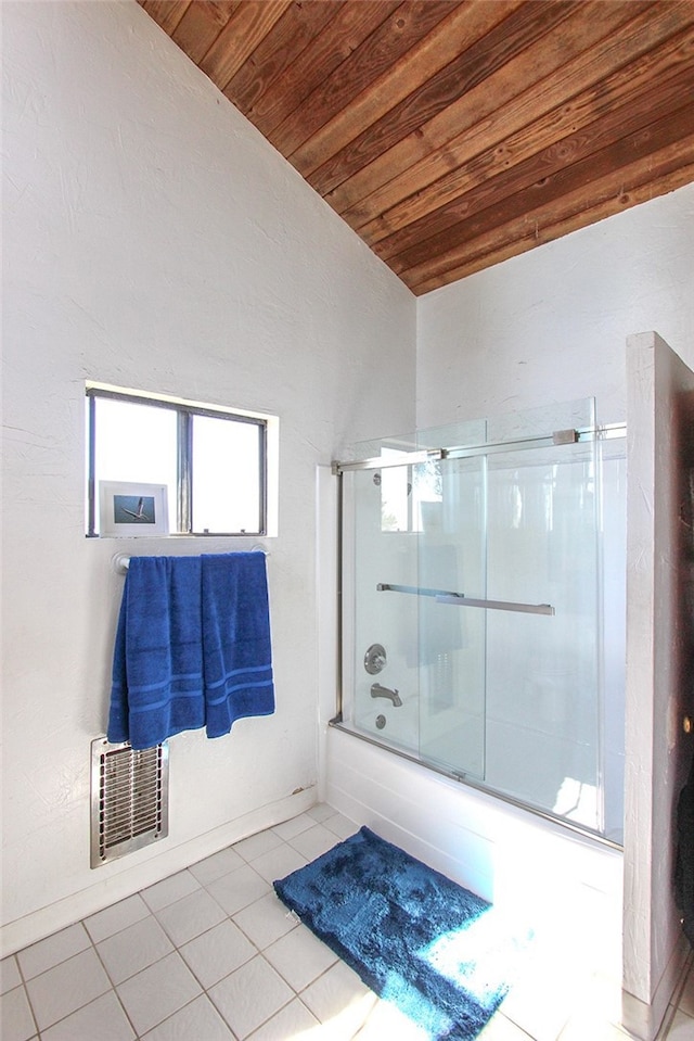 bathroom featuring wooden ceiling, bath / shower combo with glass door, visible vents, vaulted ceiling, and tile patterned flooring