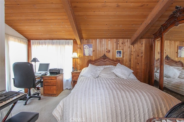 bedroom with light colored carpet, wood ceiling, wood walls, and lofted ceiling with beams