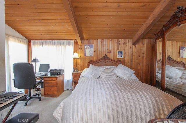 carpeted bedroom featuring wood ceiling, wooden walls, and vaulted ceiling with beams