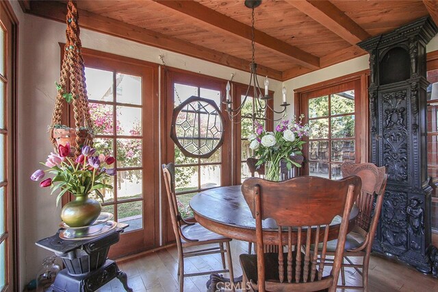 dining room featuring wooden ceiling, beam ceiling, hardwood / wood-style flooring, and plenty of natural light