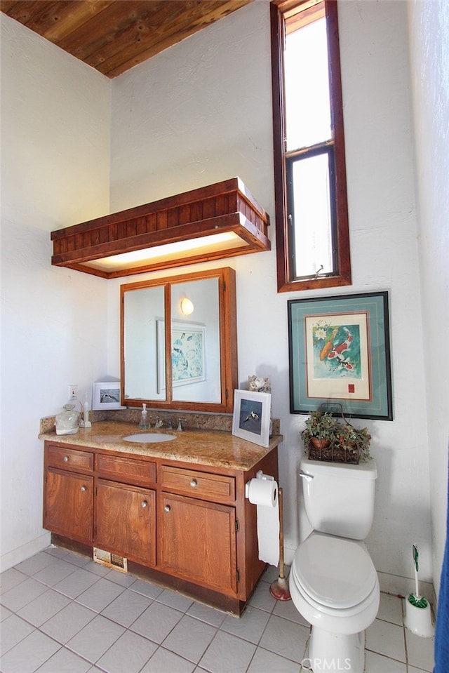 bathroom with vanity, wood ceiling, toilet, and tile patterned floors