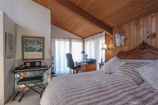 carpeted bedroom featuring lofted ceiling with beams and wood ceiling