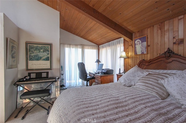 bedroom featuring lofted ceiling with beams, wood walls, carpet, and wood ceiling