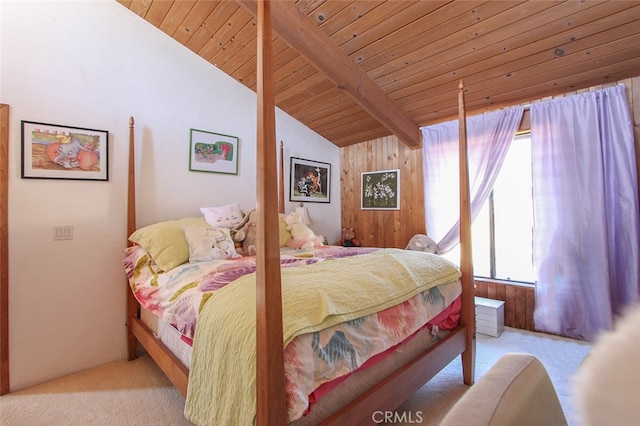 carpeted bedroom featuring lofted ceiling with beams, wood walls, and wooden ceiling