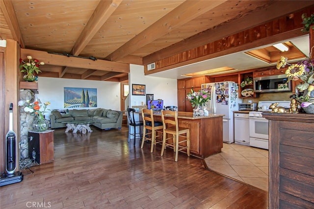 kitchen with wood ceiling, white appliances, kitchen peninsula, beam ceiling, and hardwood / wood-style floors