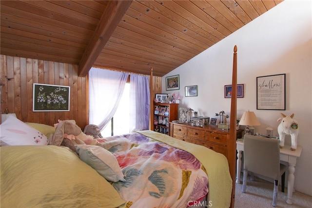 bedroom featuring lofted ceiling with beams, wooden ceiling, and carpet floors