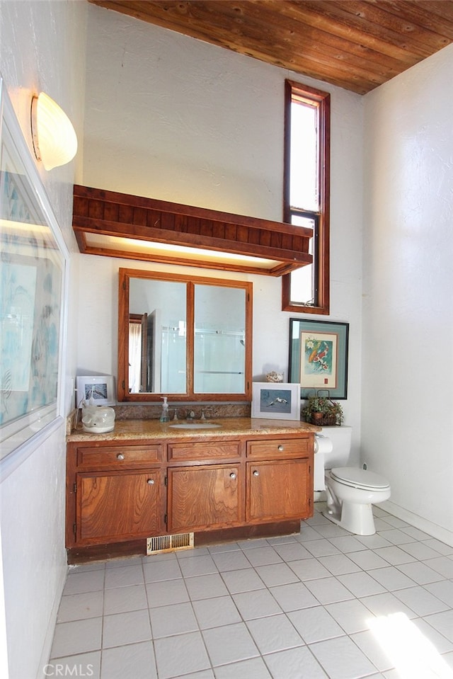 bathroom with wooden ceiling, tile patterned flooring, toilet, vanity, and visible vents