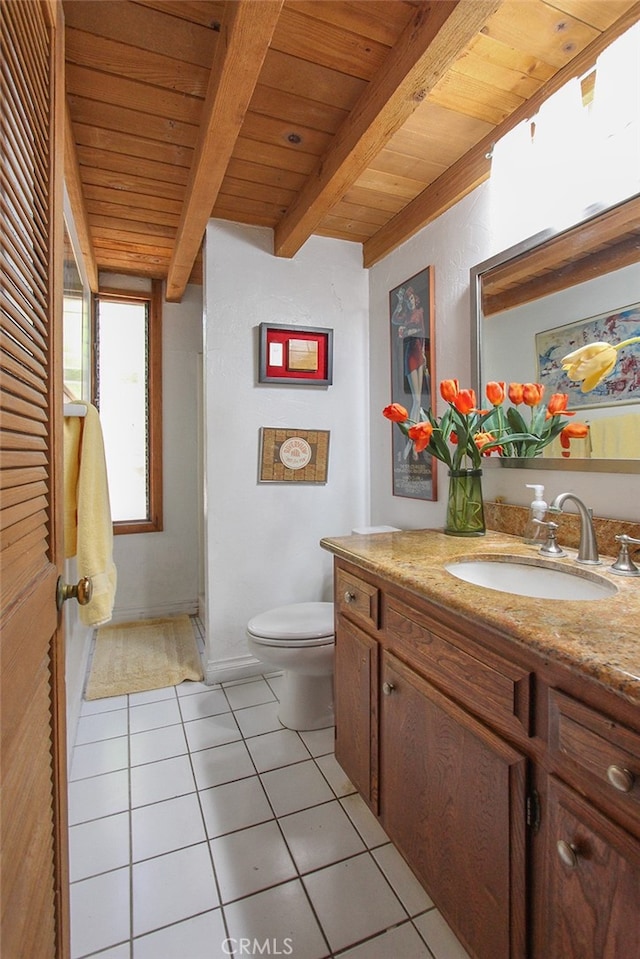 bathroom with beamed ceiling, toilet, tile patterned flooring, and wood ceiling