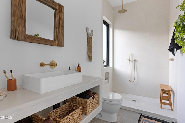 bathroom featuring a shower, vanity, and toilet