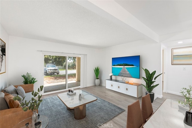 living room featuring a textured ceiling and wood-type flooring