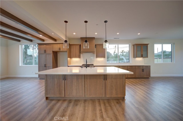 kitchen featuring wood-type flooring, a spacious island, beam ceiling, and a wealth of natural light