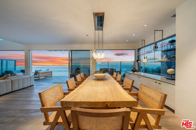 dining room with a water view and light hardwood / wood-style floors